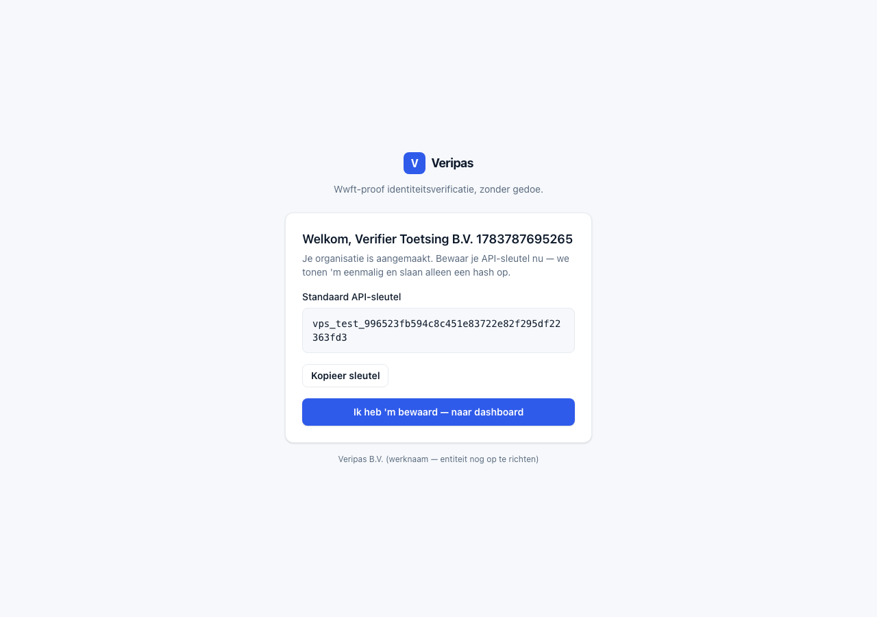 Scherm dat eenmalig de API-sleutel toont met een kopieerknop