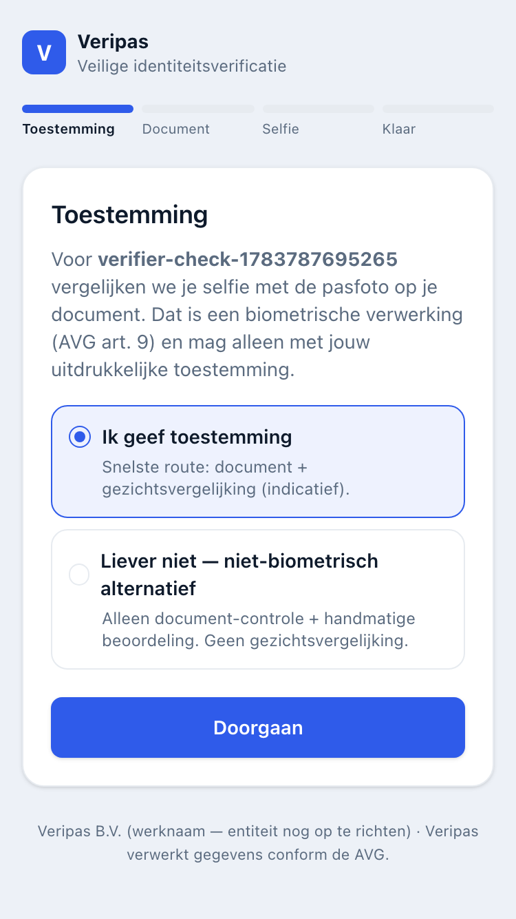 Mobiel toestemmingsscherm op 375 pixels breed met keuze voor biometrisch of niet-biometrisch